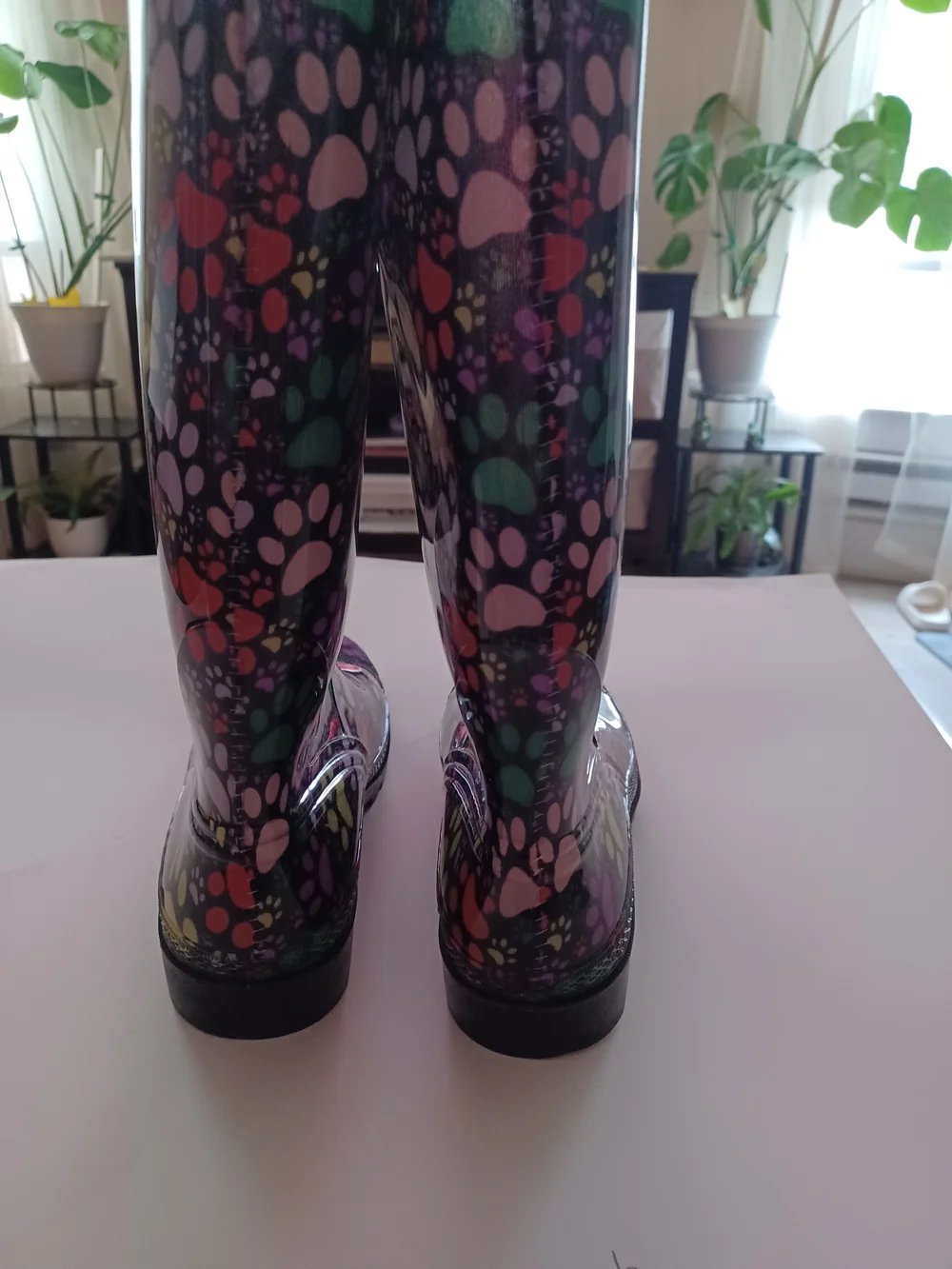 Women’s Black Rain Boots with Multicolor Paw Print Pattern